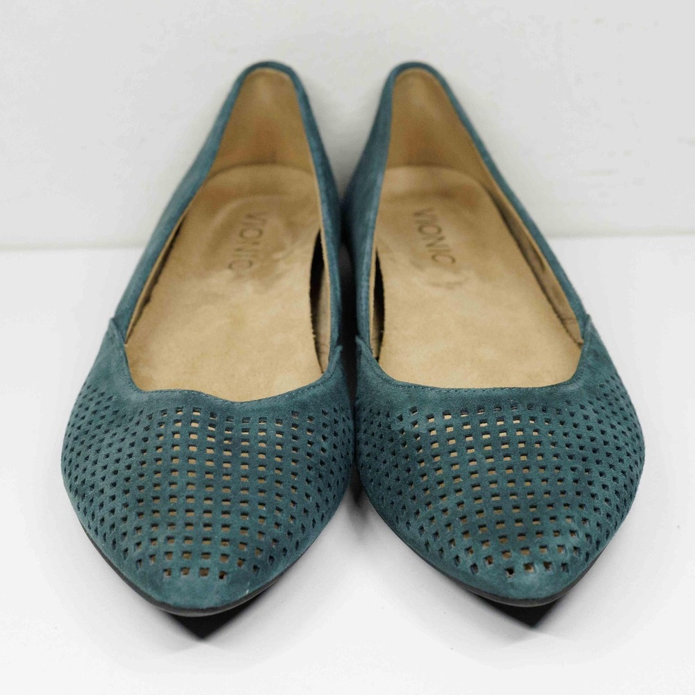 VIONIC Posey Perforated Suede Pointed Toe Ballet Flats Jade Green Sz 7